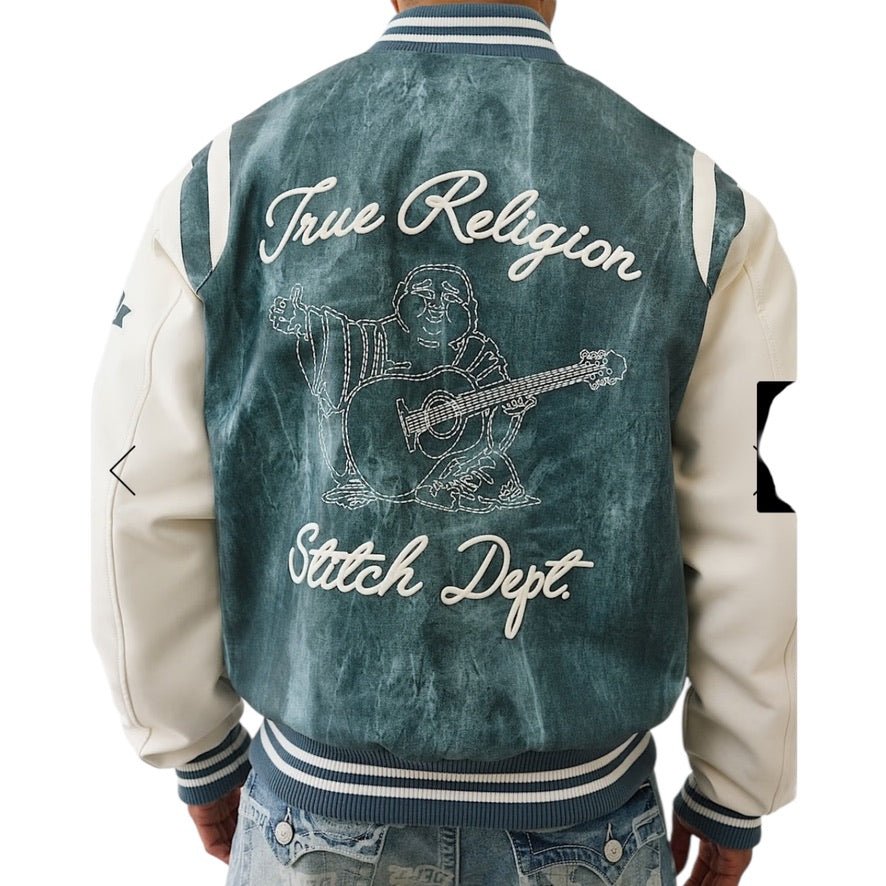 TRUE RELIGION: Denim Print Varsity Jacket 109881